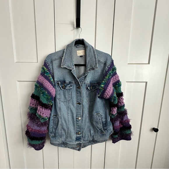 Handmade Jackets & Blazers - One of a Kind Upcycled  Denim Jacket with Hand Crocheted Sleeves